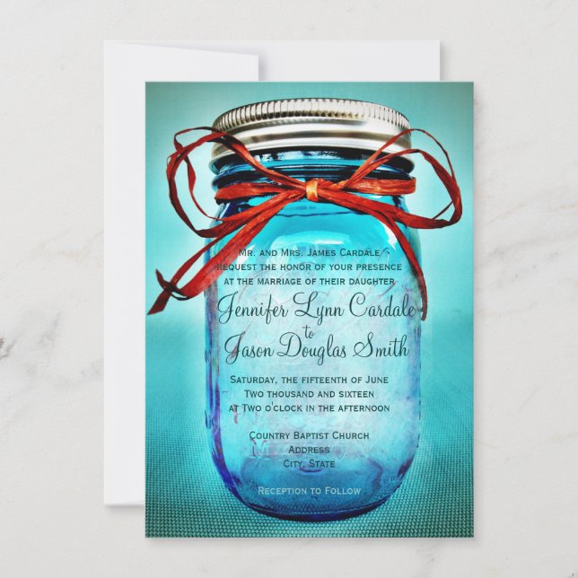 Blue Mason Jar Rustic Country Wedding Invitations (Front)
