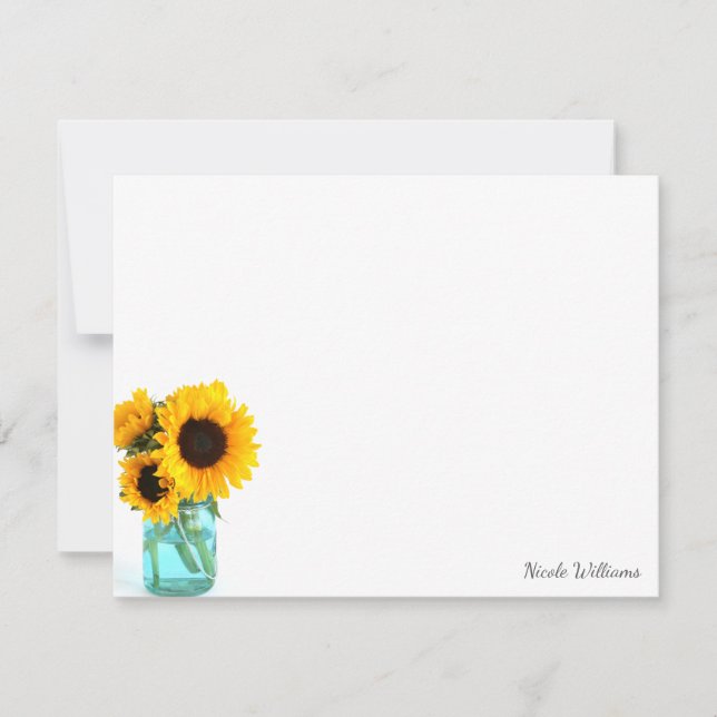 Blue Mason Jar Sunflowers Personalized Stationery Card (Front)