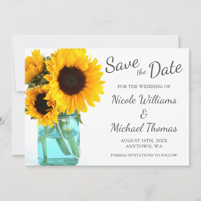 Blue Mason Jar Sunflowers Save the Date (Front)