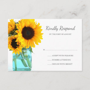 Blue Mason Jar Sunflowers Wedding RSVP
