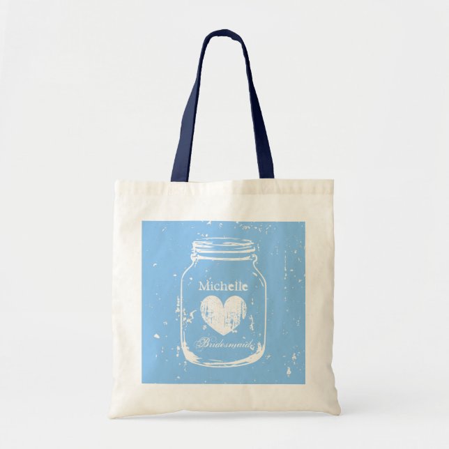Blue mason jar wedding tote bag for bridesmaids (Front)