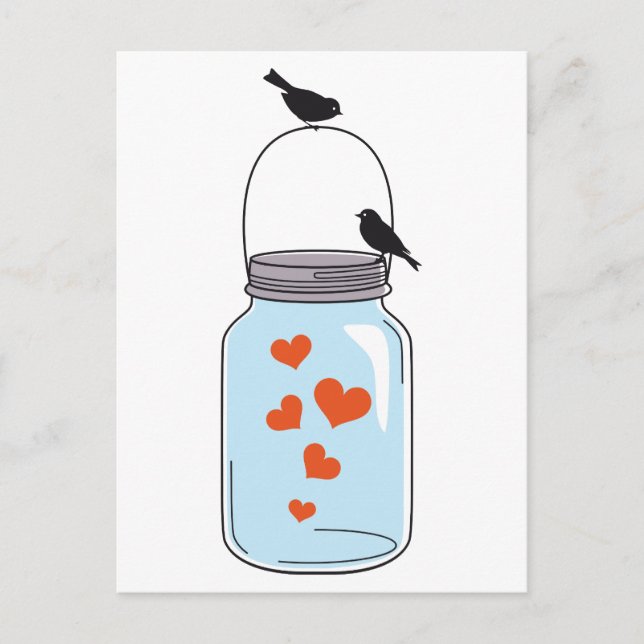 blue mason jar with red hearts and birds postcard (Front)