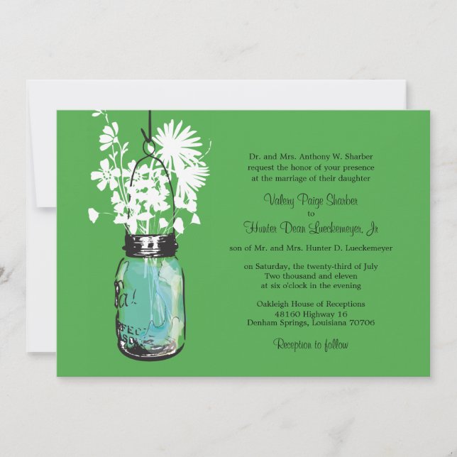 Blue Mason Jar with Wildflowers Wedding Invitation (Front)