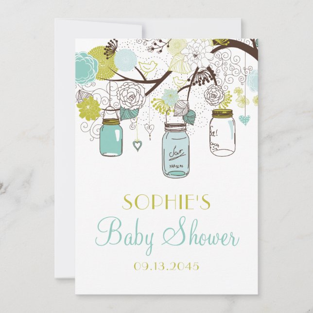 Blue Mason Jars and Spring Flowers Baby Shower Invitation (Front)