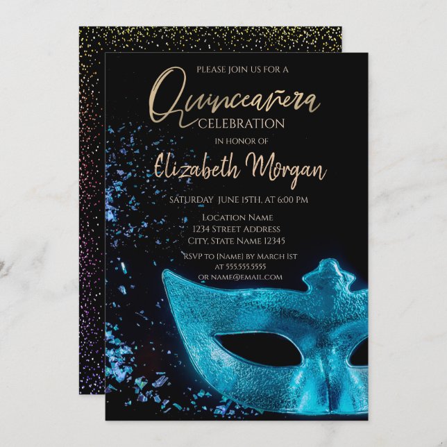 Blue Masque,Confetti  Quinceañera  Invitation (Front/Back)