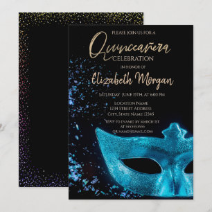 Blue Masque,Confetti  Quinceañera  Invitation