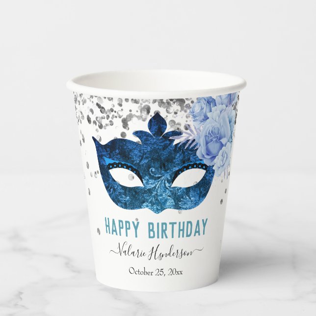 Blue Masquerade Birthday Party Paper Cups (Front)