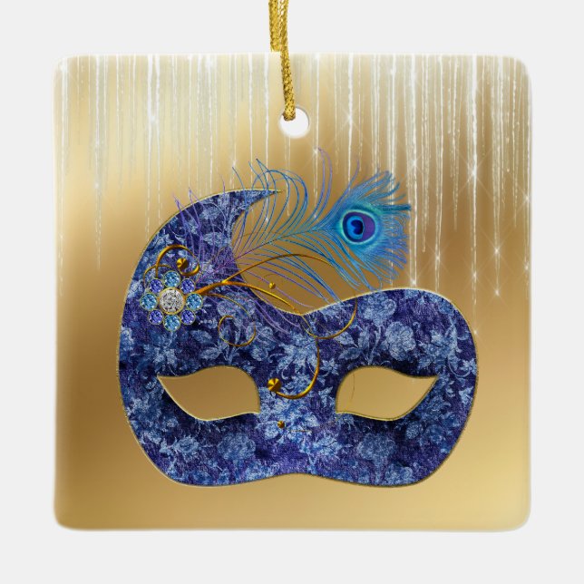 Blue Masquerade Mask and Peacock Feather on Gold Ceramic Ornament (Front)