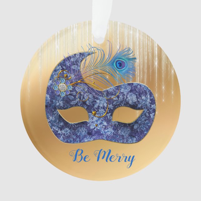 Blue Masquerade Mask and Peacock Feather on Gold Ornament (Front)