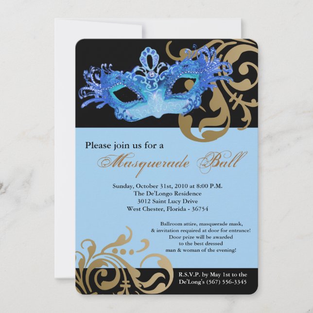 Blue Masquerade Mask Ball Costume Halloween Invitation (Front)