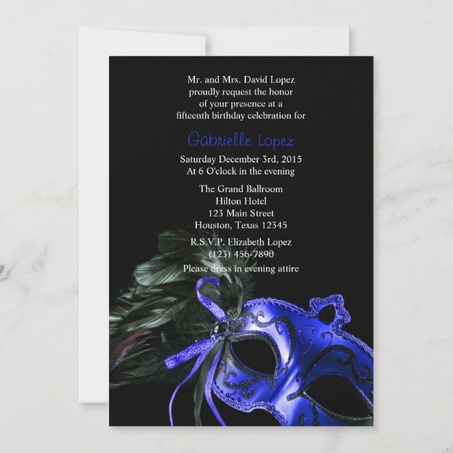 Blue Masquerade Quinceanera Ball Invitation (Back)