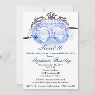 Blue Masquerade Zebra Sweet 16 Birthday Invitation