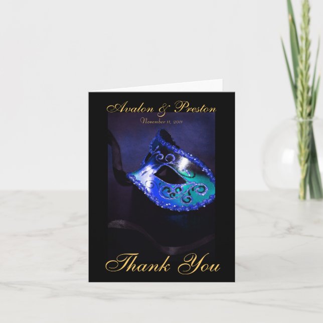 Blue Masqurade Mask Thank You Note Card (Front)