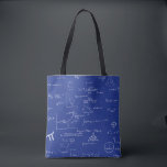 Blue Math Teacher Mathematics Equations Algebra Tote Bag<br><div class="desc">Great tote bag for math students and math teachers. The background is royal blue and the math equations and graphics are made in white so it looks like chalk. Illustrated and designed by Patricia Alvarez.</div>