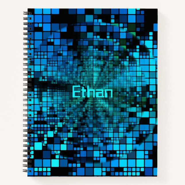 Blue Matrix Pixel Vortex | Personalized Notebook (Front)