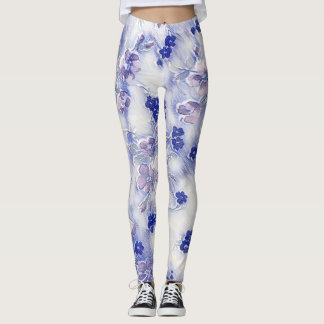 Blue Mauve and White Floral Leggings
