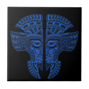 Blue Mayan Twins Mask Illusion on Black Tile