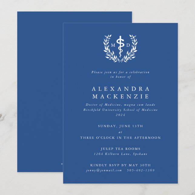 Blue MD Asclepius + Laurel Wreath Graduation Invitation (Front/Back)