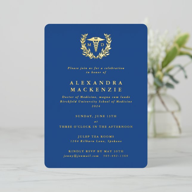 Blue MD Caduceus + Laurel Wreath Graduation (Standing Front)