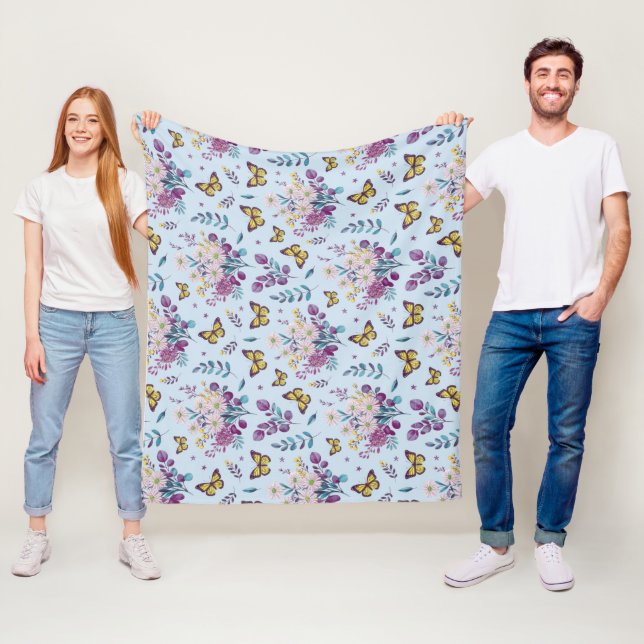 Blue Meadow Butterfly Floral Throw Blanket (In Situ)