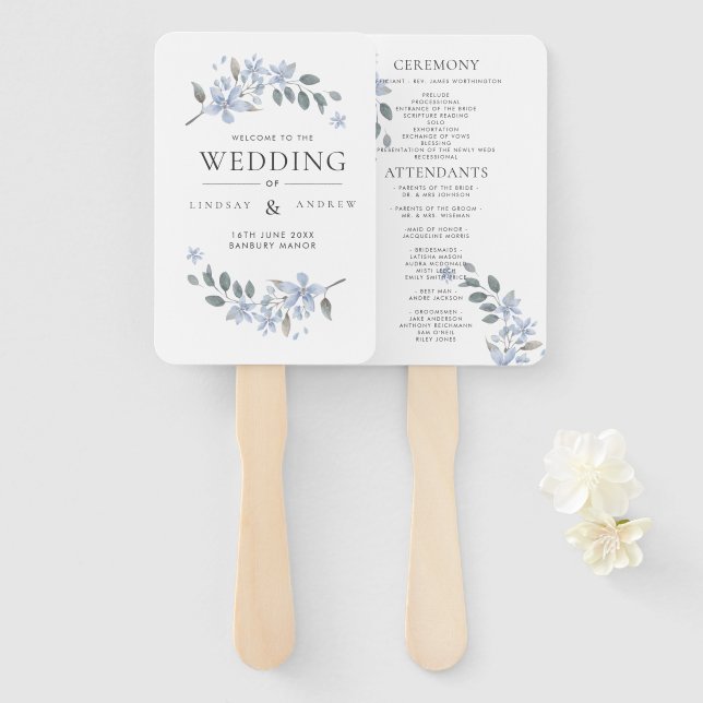 Blue Meadow Watercolor Wedding Program Hand Fan (Front and Back)