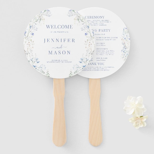 Blue Meadow Wild Flower Wreath Wedding Program Hand Fan (Front and Back)