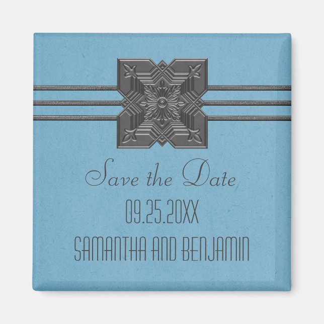 Blue Medallion Border Save the Date Magnet (Front)
