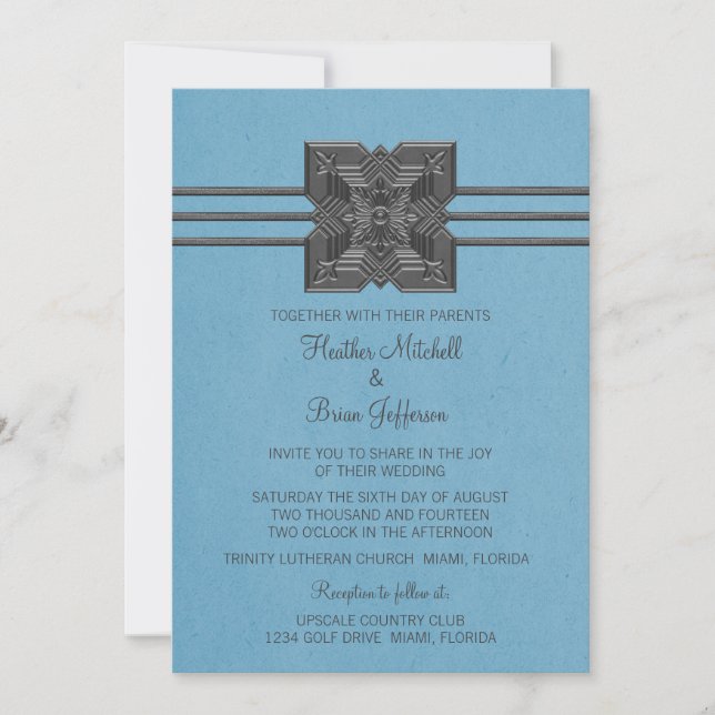 Blue Medallion Border Wedding Invite (Front)