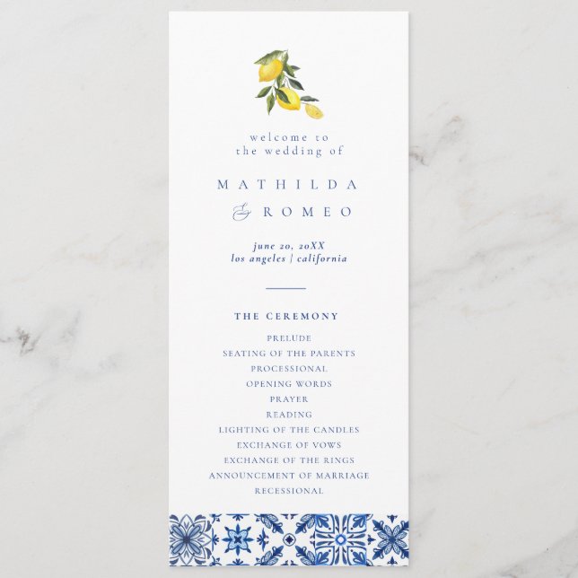 Blue medditeranean tile & citrus Wedding Program  (Front)