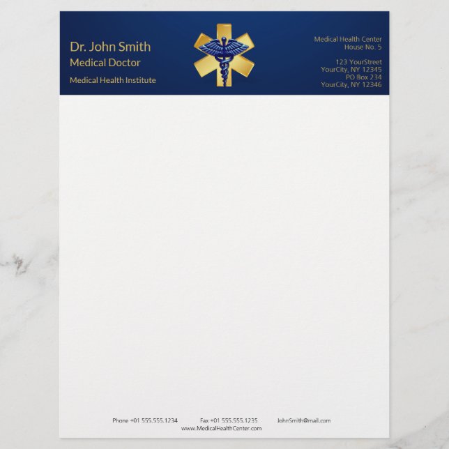 Blue Medical 3D Caduceus Gold Cross Letterhead (Front)