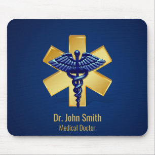 Blue Medical 3D Caduceus Gold Cross Mouse Pad