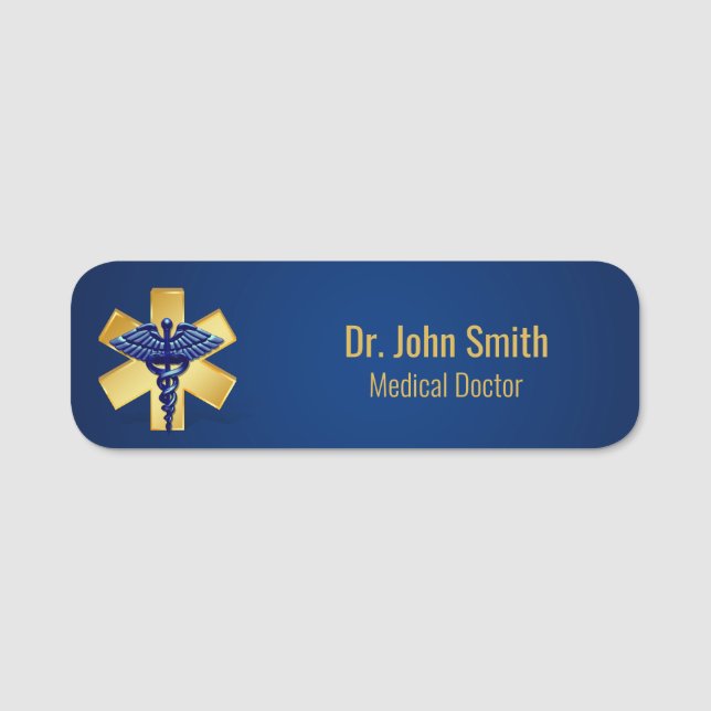 Blue Medical 3D Caduceus Gold Cross Name Tag (Front)