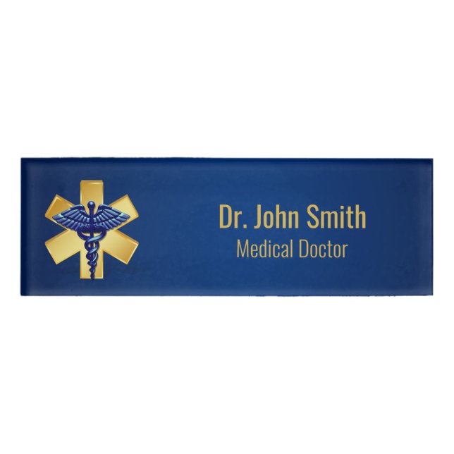 Blue Medical 3D Caduceus Gold Cross Name Tag (Front)