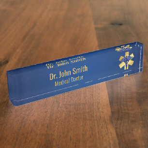 Blue Medical 3D Caduceus Gold Cross Nameplate