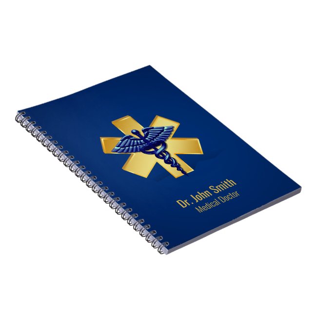 Blue Medical 3D Caduceus Gold Cross Notebook (Right Side)