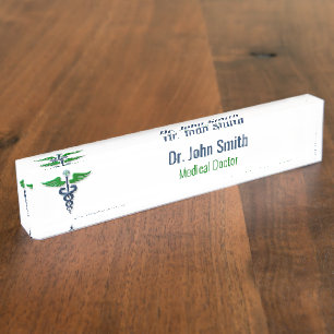 Blue Medical Caduceus Green Stylish Wings Cross Nameplate