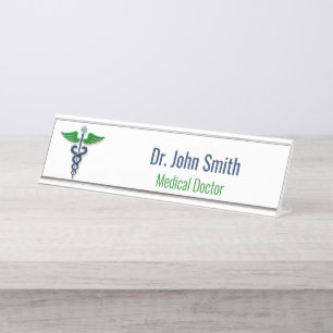 Blue Medical Caduceus Green Wings Cross Stylish Desk Name Plate