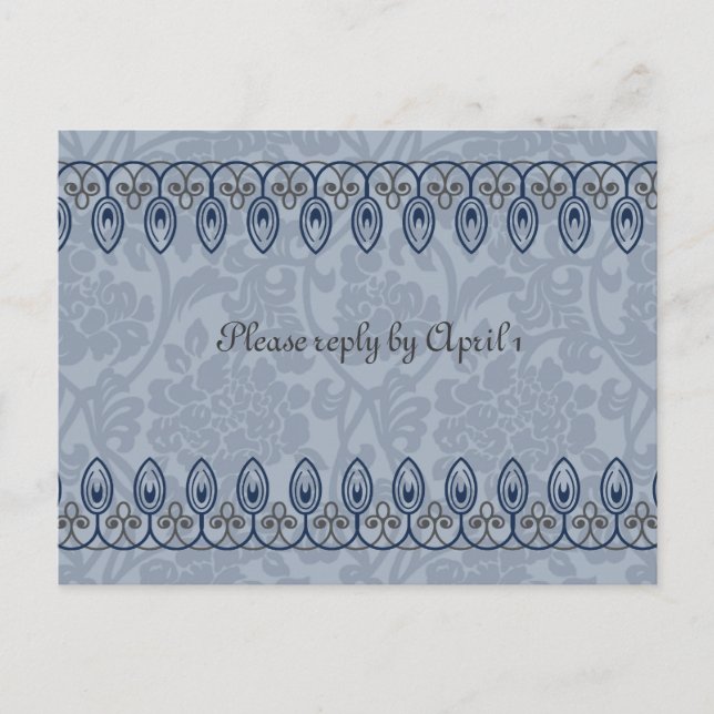 Blue Medieval Brocade rsvp Invitation Postcard (Front)