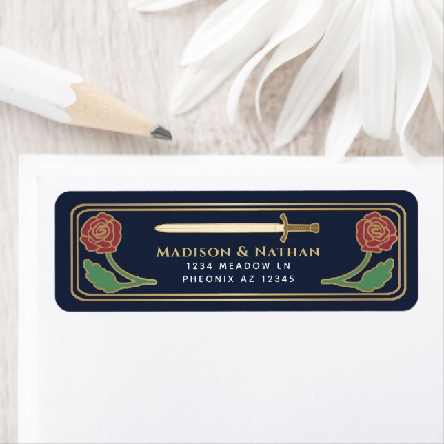 Blue Medieval Fantasy Gold Sword Wedding Label (En situation)