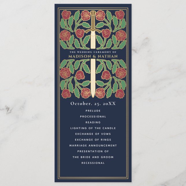 Blue Medieval Gold Floral Sword Royal Wedding Program (Front)