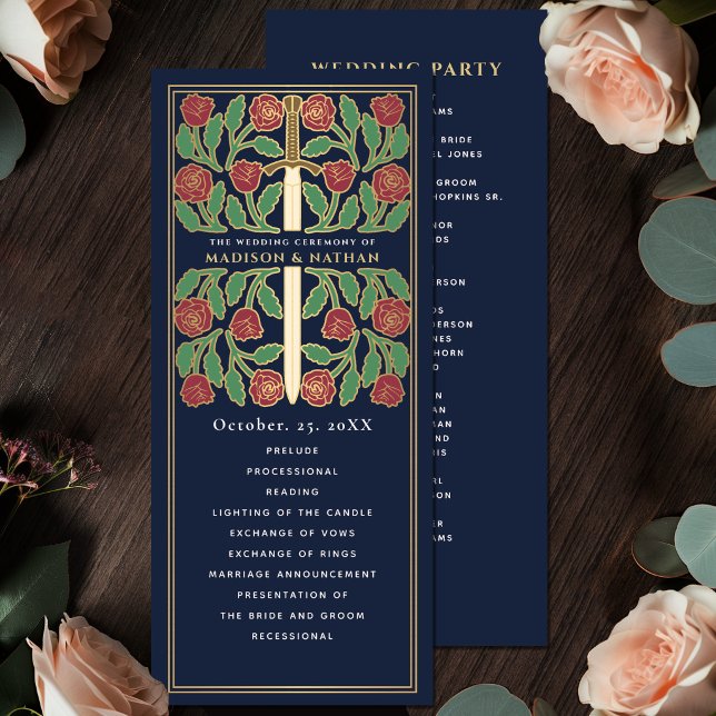 Blue Medieval Gold Floral Sword Royal Wedding Program (Creator Uploaded)