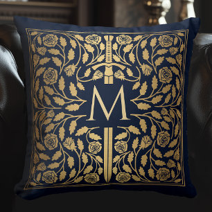 Blue Medieval Gold Sword Monogram Throw Pillow