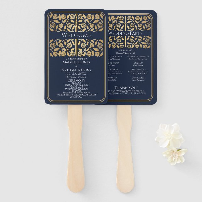 Blue Medieval Gold Sword Royal Wedding Program Hand Fan (Front and Back)