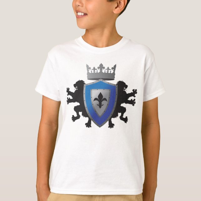 Blue Medieval Lion Heraldry Boy's Ringer T-Shirt (Front)