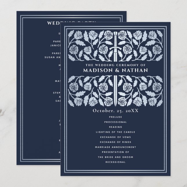 Blue Medieval Silver Sword Royal Wedding Program (Front/Back)