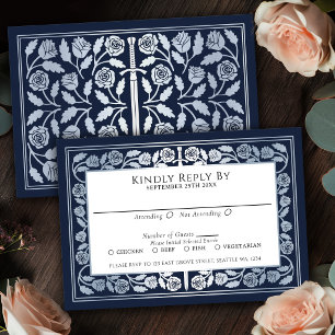 Blue Medieval Silver Sword Royal Wedding RSVP Card