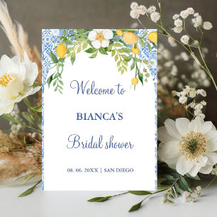 Blue Meditarrean tile Arch welcome bridal shower Pedestal Sign