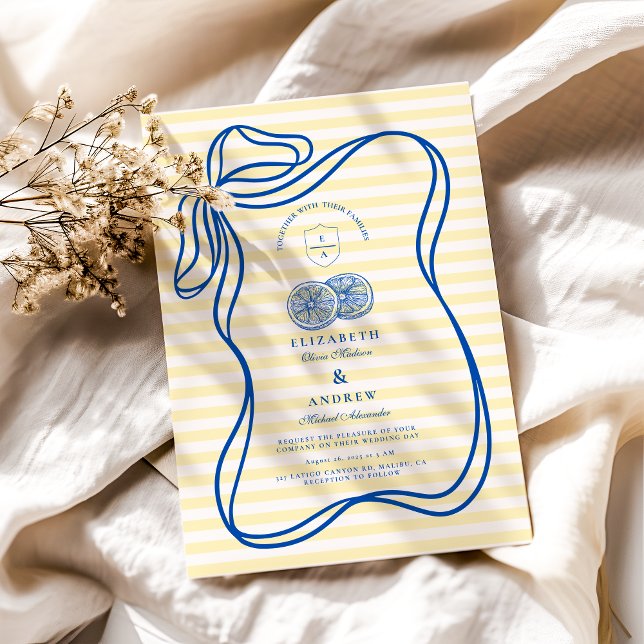 Blue  Mediteranean Bow Citrus Stripe Wedding Invitation (Creator Uploaded)