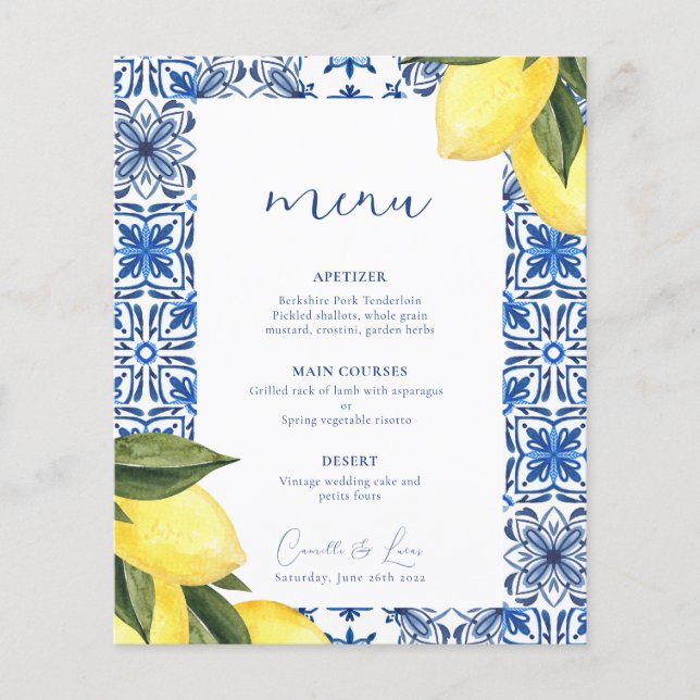 Blue Mediterranean citrus wedding menu (Front)