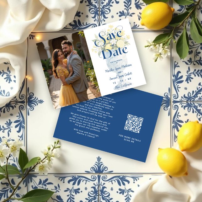 Blue Mediterranean Floral Classic Chalice Lemons Save The Date (Blue Mediterranean Cheerful Floral Classic Chalice Lemons & Flowers Wedding Save the Date Cards.)